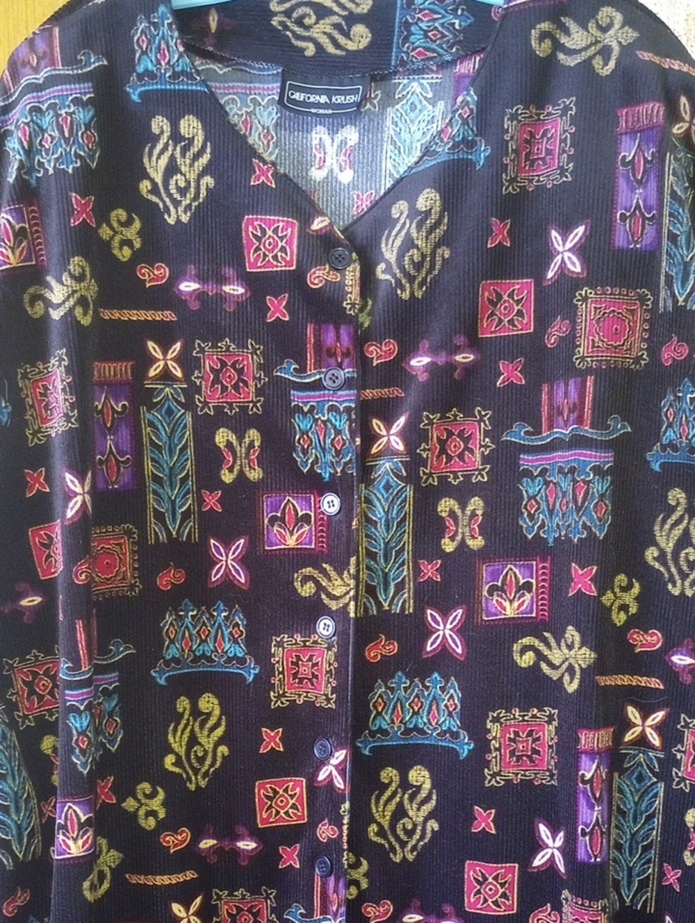 California Krush Textured Plus Size Vtg Top. Black Purple Aqua Yellow Fuschia